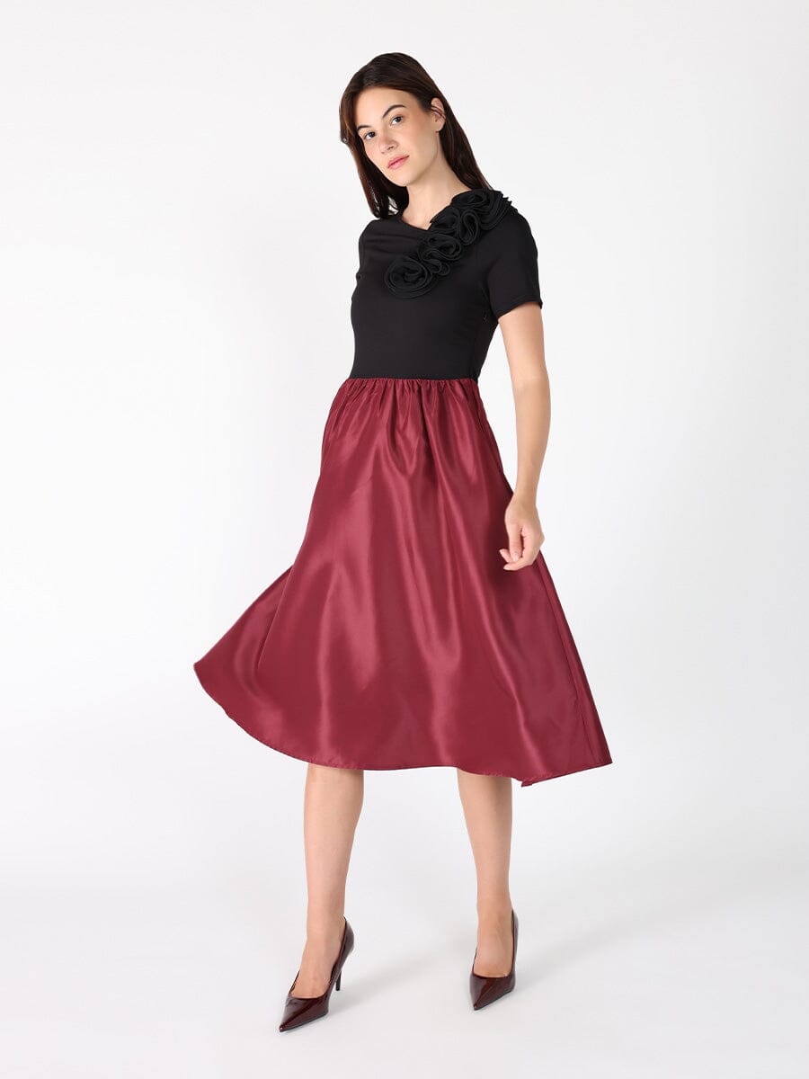 Floral Applique Satin &amp; Cotton Fabric Dress DRESS Gracia Fashion 