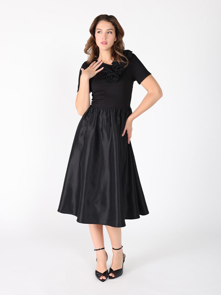 Floral Applique Satin & Cotton Fabric Dress DRESS Gracia Fashion BLACK S 