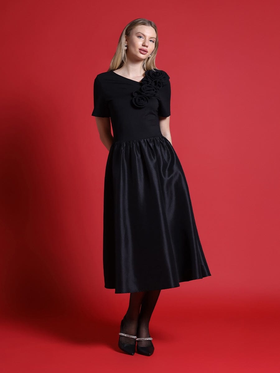 Floral Applique Satin & Cotton Fabric Dress DRESS Gracia Fashion BLACK S 