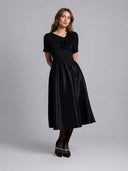 Floral Applique Satin & Cotton Fabric Dress DRESS Gracia Fashion BLACK S 