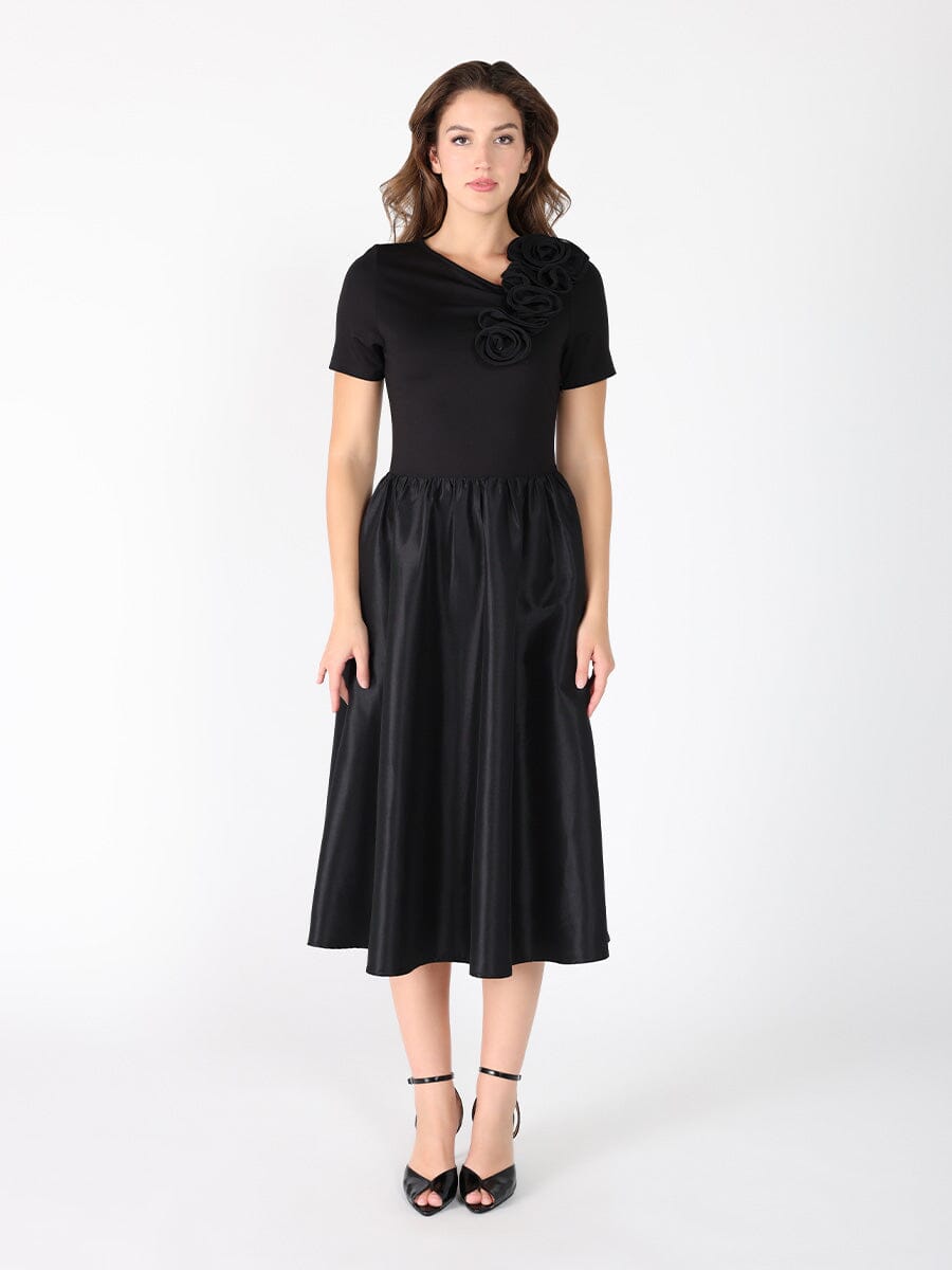 Floral Applique Satin &amp; Cotton Fabric Dress DRESS Gracia Fashion BLACK S 