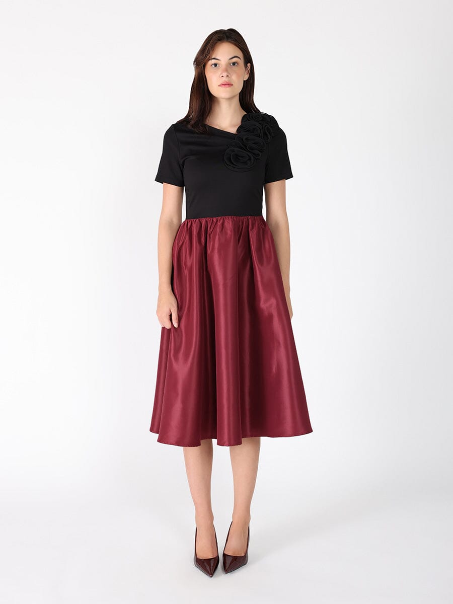 Floral Applique Satin & Cotton Fabric Dress DRESS Gracia Fashion BURGUNDY S 