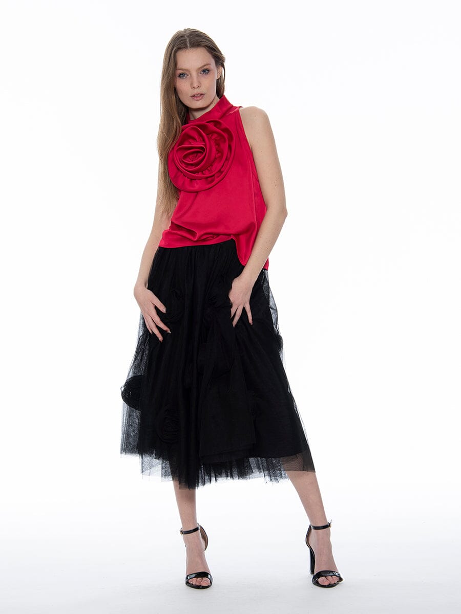 Floral Detail Mesh Maxi Skirt SKIRT Gracia Fashion BLACK S 