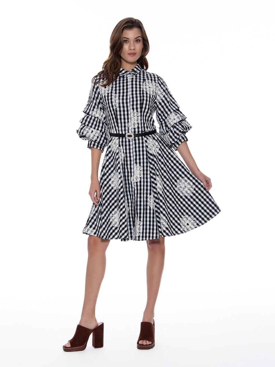 Floral Embroidered Check Print Buckel Belted Dress DRESS Gracia Fashion BLACK S 