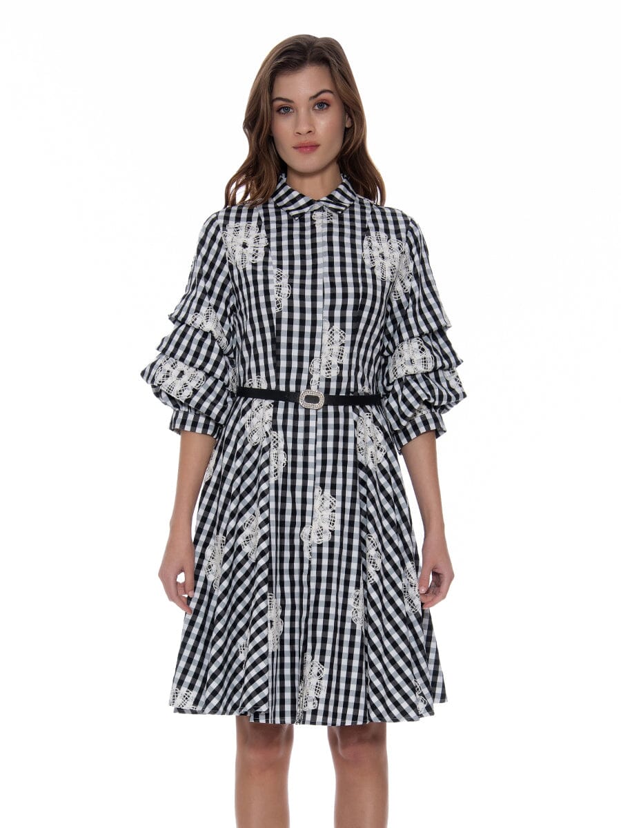 Floral Embroidered Check Print Buckel Belted Dress DRESS Gracia Fashion BLACK S 