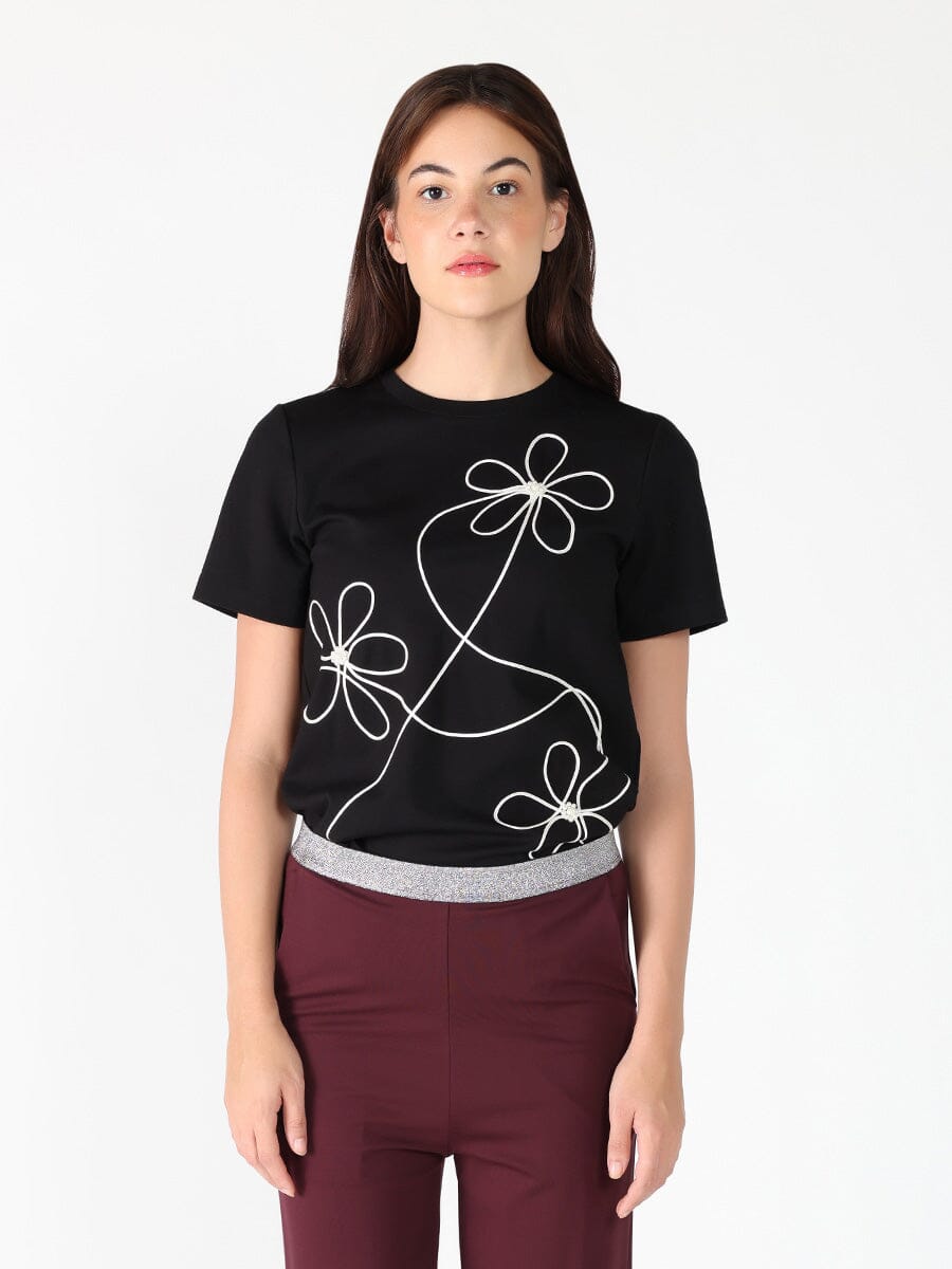 Floral Embroidered Crew Neck Top TOP Gracia Fashion BLACK S 