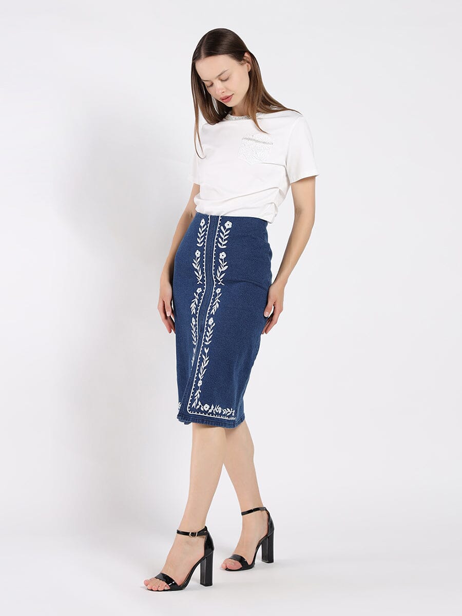 Floral Embroidered Front Slit Denim Skirt SKIRT Gracia Fashion DENIM S 