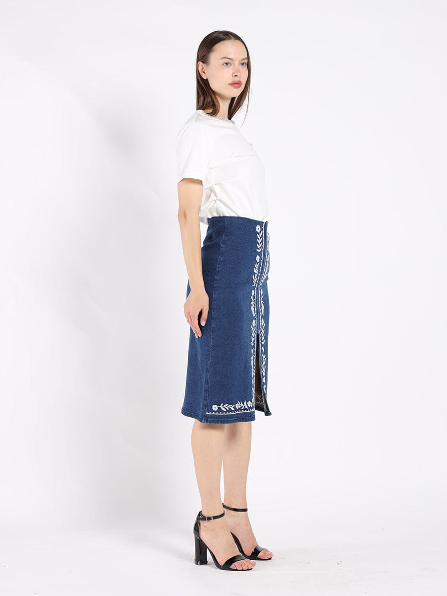 Floral Embroidered Front Slit Denim Skirt SKIRT Gracia Fashion 