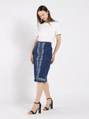 Floral Embroidered Front Slit Denim Skirt SKIRT Gracia Fashion 
