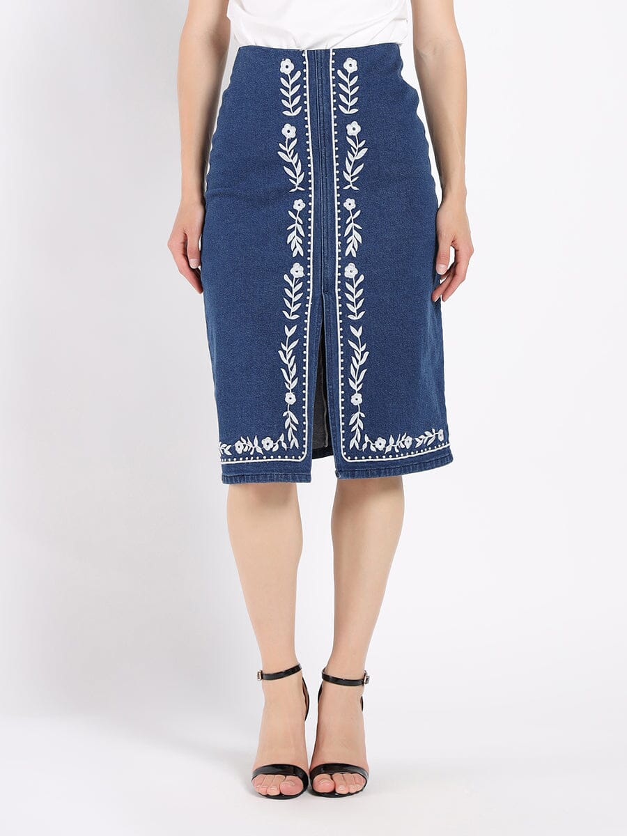 Floral Embroidered Front Slit Denim Skirt SKIRT Gracia Fashion DENIM S 