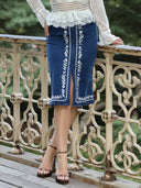 Floral Embroidered Front Slit Denim Skirt SKIRT Gracia Fashion DENIM S 