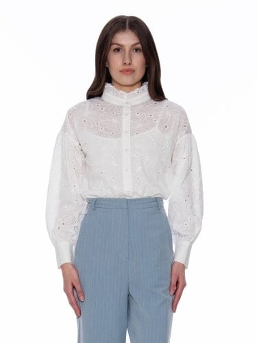 Floral Embroidered Hick Neck Frill Shirt TOP Gracia Fashion WHITE S 