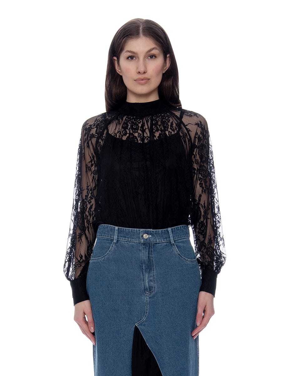 Floral Embroidered Mesh Mock Neck Back-Tie Top TOP Gracia Fashion BLACK S 