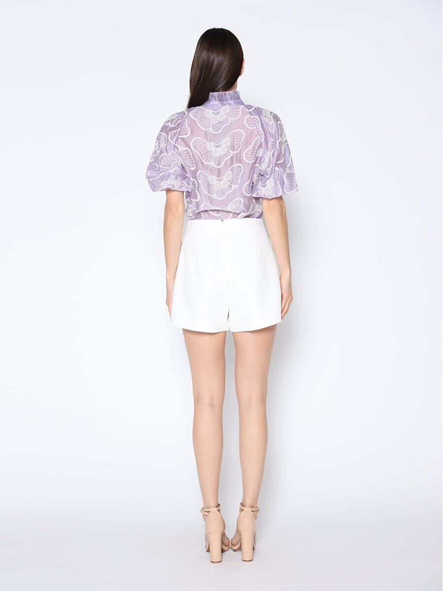 Floral Embroidered Puff Sleeve Ruffle Neck Shirt TOP Gracia Fashion 