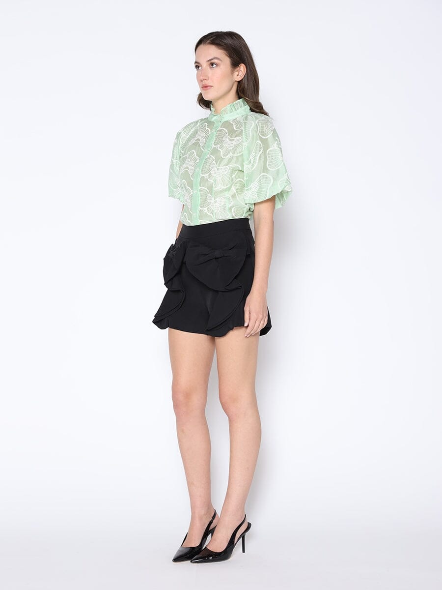 Floral Embroidered Puff Sleeve Ruffle Neck Shirt TOP Gracia Fashion 