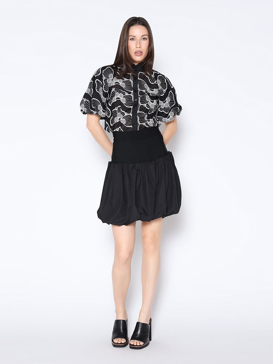 Floral Embroidered Puff Sleeve Ruffle Neck Shirt TOP Gracia Fashion 