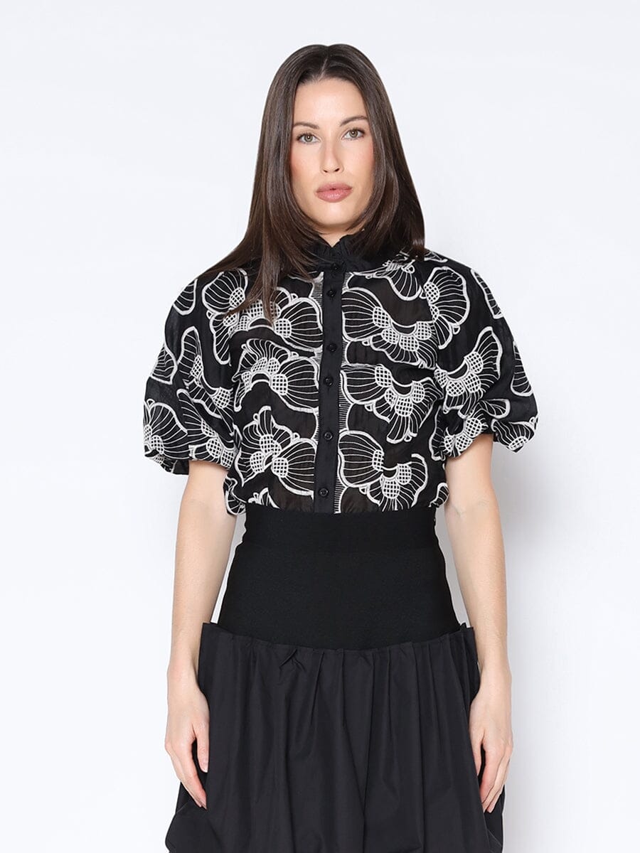 Floral Embroidered Puff Sleeve Ruffle Neck Shirt TOP Gracia Fashion BLACK S 