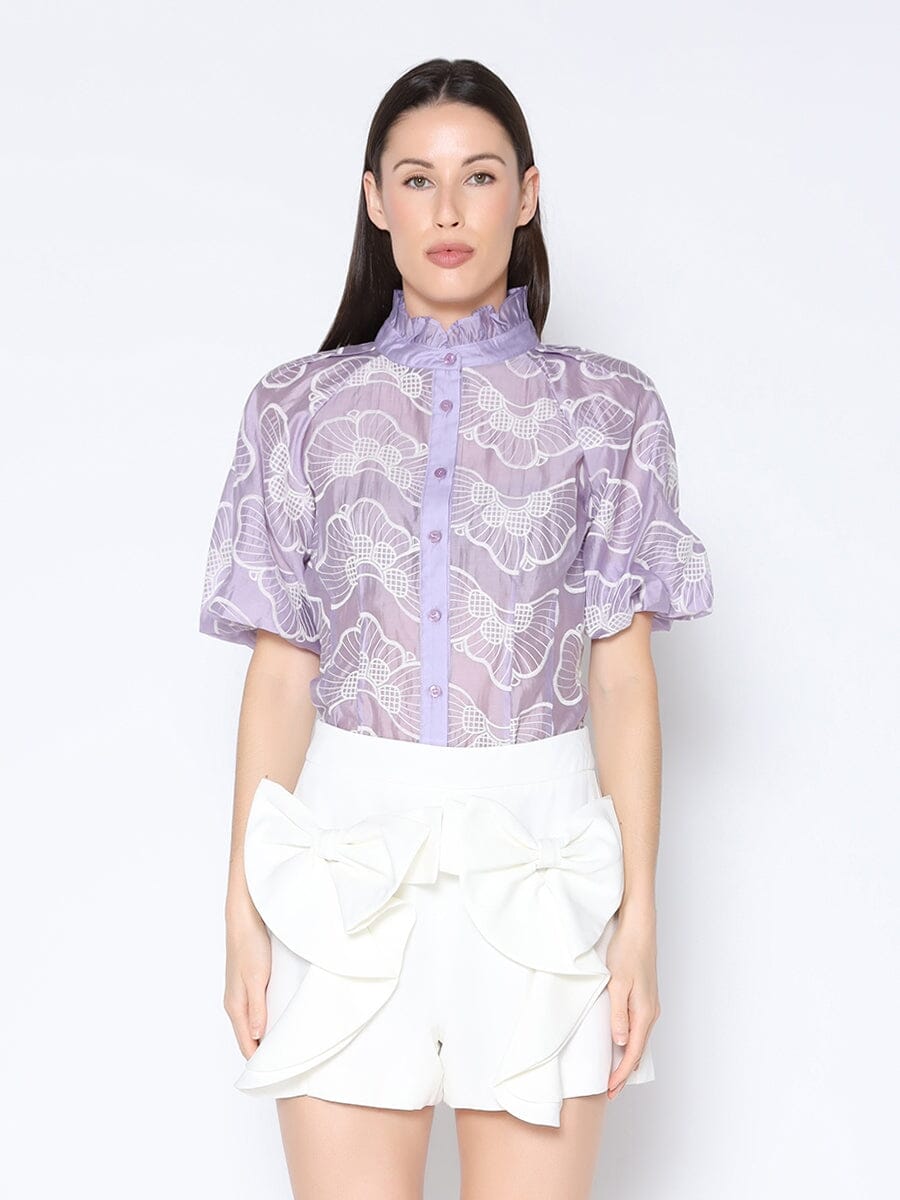 Floral Embroidered Puff Sleeve Ruffle Neck Shirt TOP Gracia Fashion LAVENDER S 