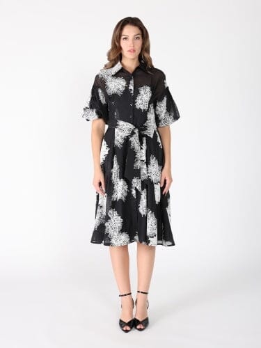 Floral Embroidered Puffed Sleeve Dress DRESS Gracia Fashion BLACK S 