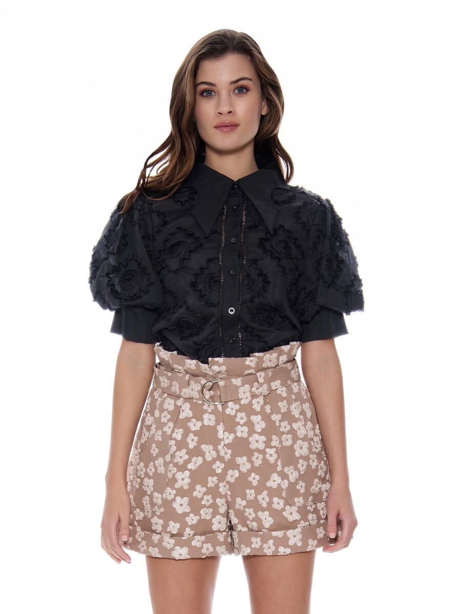 Floral Embroidered Puffer Short Button-Down Shirt TOP Gracia Fashion BLACK S 