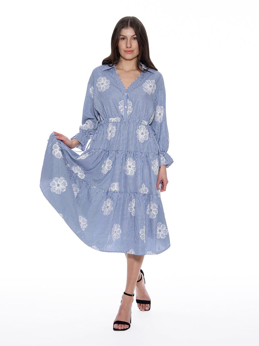 Floral Embroidered Stripped Ruffle Hem Long Dress DRESS Gracia Fashion BLUE S 