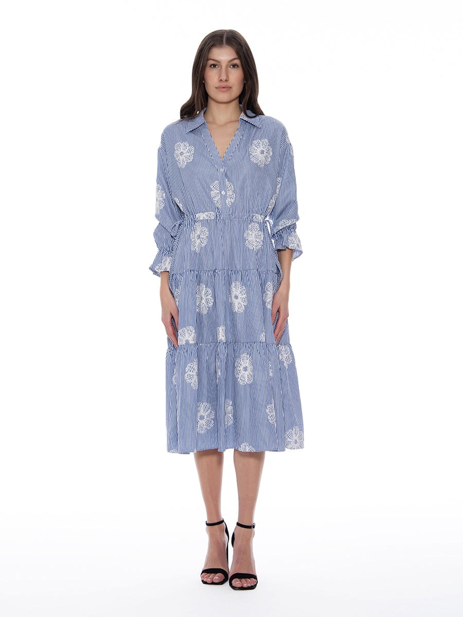 Floral Embroidered Stripped Ruffle Hem Long Dress DRESS Gracia Fashion BLUE S 