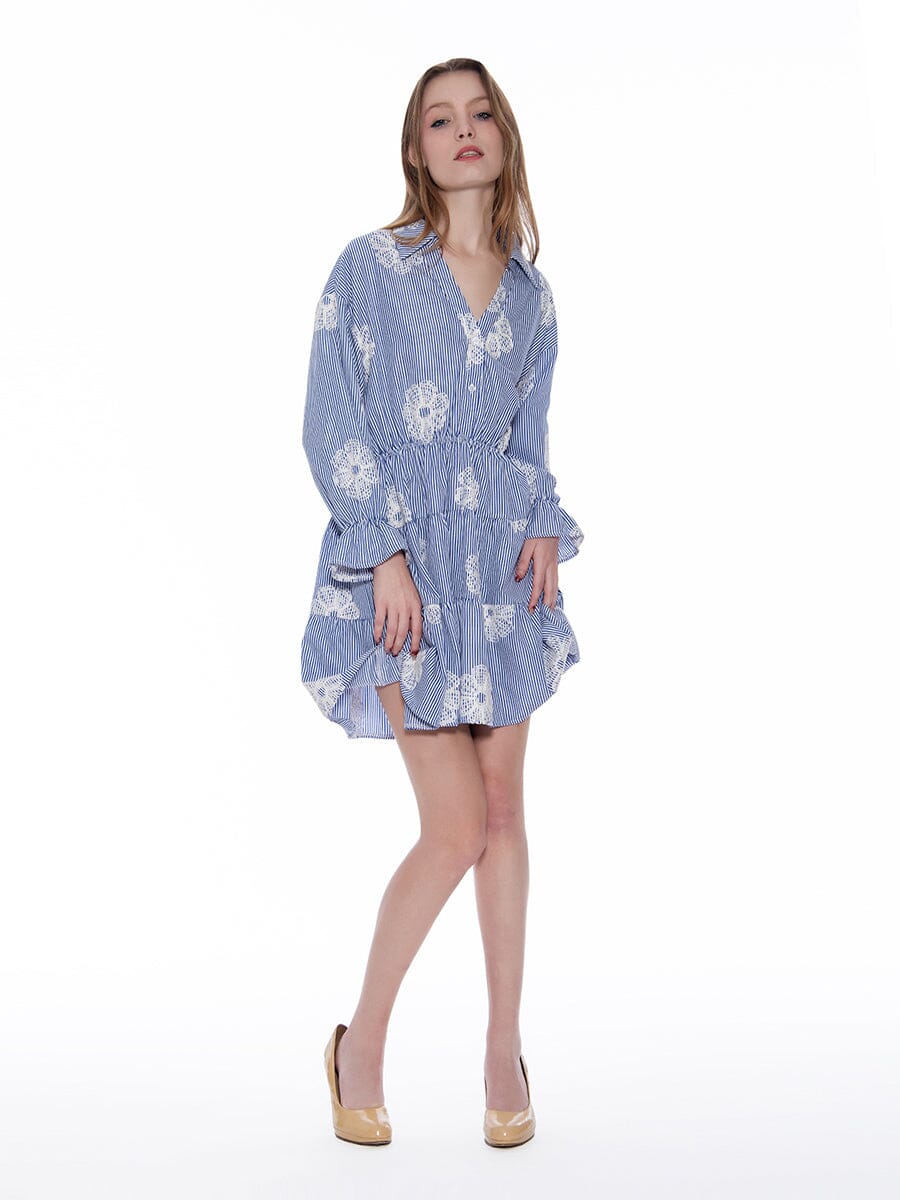 Floral Embroidered Stripped Ruffle Hem Mini Dress DRESS Gracia Fashion BLUE S 