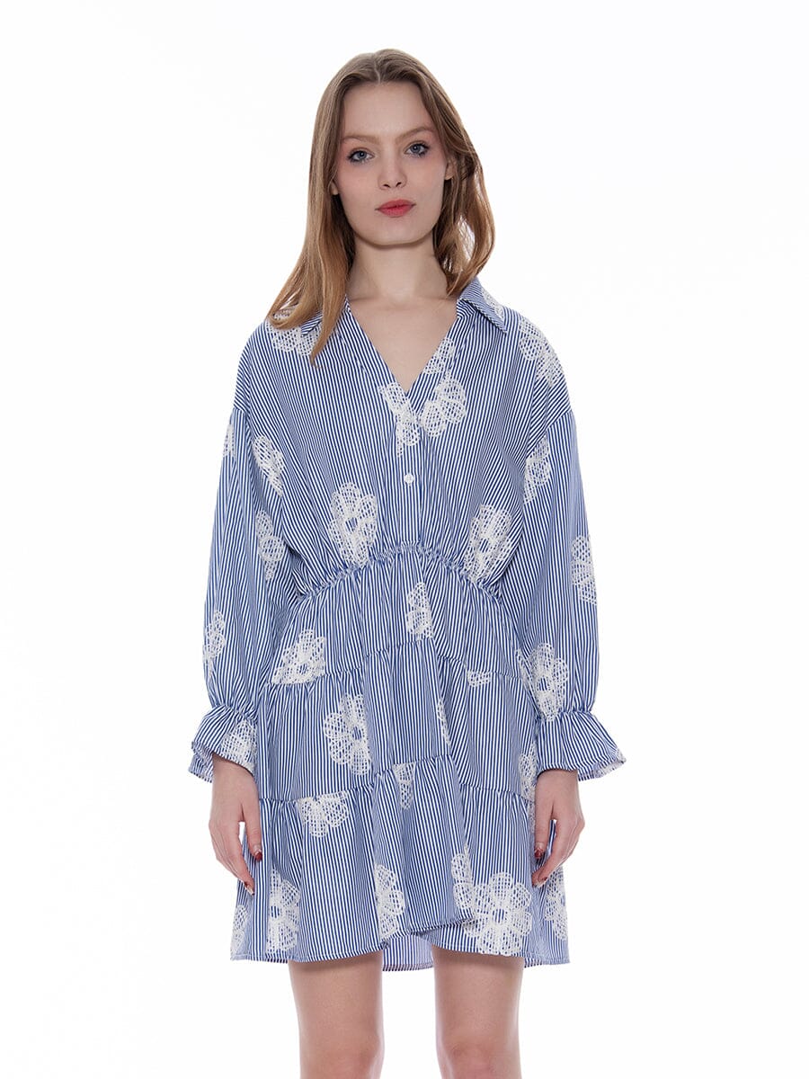 Floral Embroidered Stripped Ruffle Hem Mini Dress DRESS Gracia Fashion BLUE S 