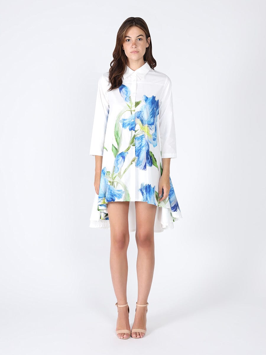 Floral front print high low collar neck dress DRESS Gracia Fashion WHITE S 