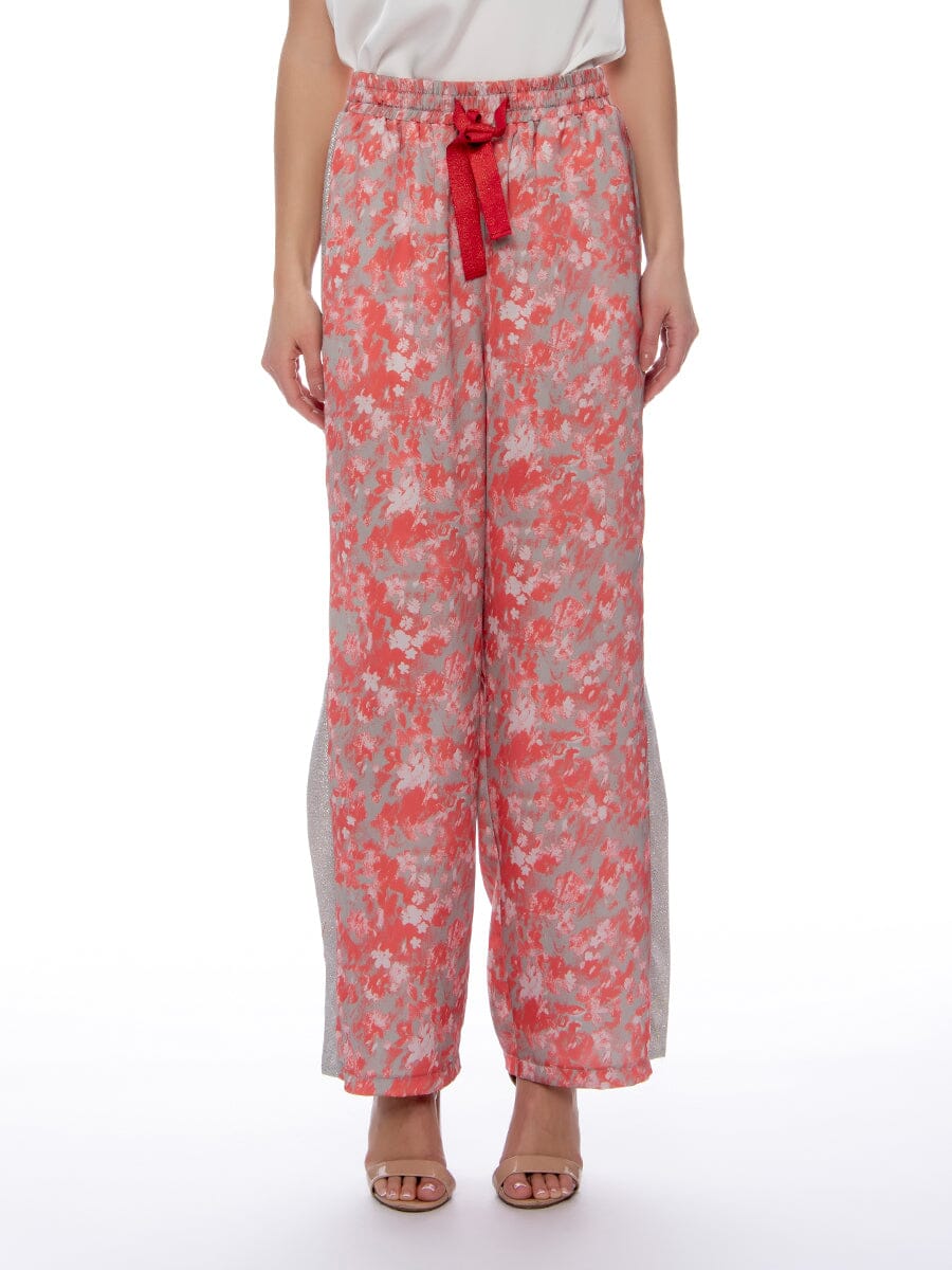 Floral Glitter Tape Point Side-Slit Wide Pants PANTS Gracia Fashion ORANGE S 