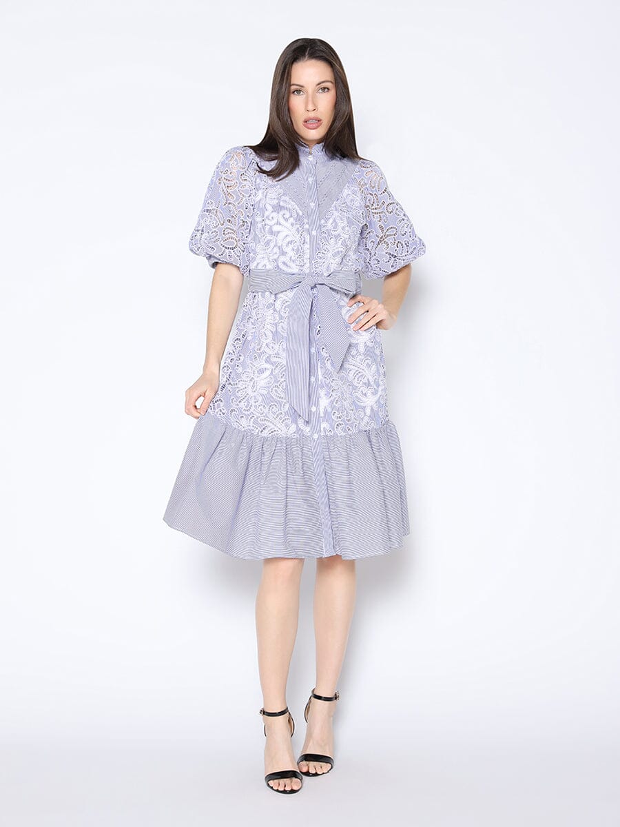 Floral Lace Cotton Stripe A-Line Tie Belted Dress DRESS Gracia Fashion BLUE S 