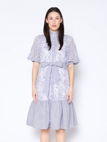 Floral Lace Cotton Stripe A-Line Tie Belted Dress DRESS Gracia Fashion BLUE S 