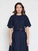 Floral Lace Embroidered Short Sleeve Crop Top TOP Gracia Fashion NAVY S 