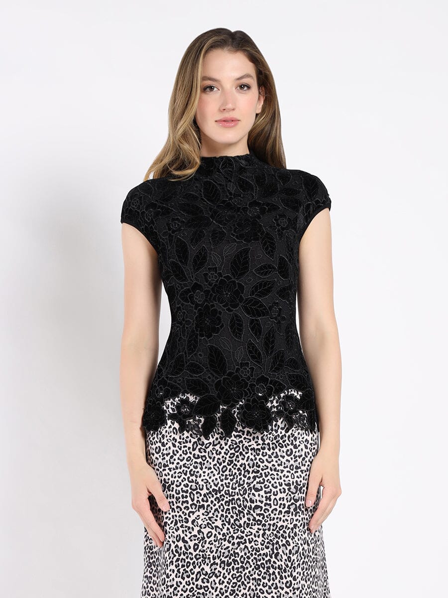 Floral Lace Front Cap Sleeve Mock Neck Top TOP Gracia Fashion BLACK S 