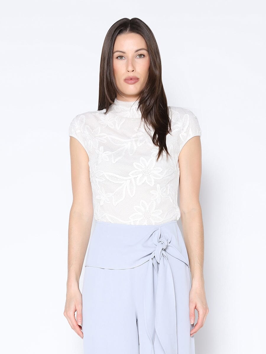 Floral Lace Front Mock Cap Sleeve Top TOP Gracia Fashion WHITE S 