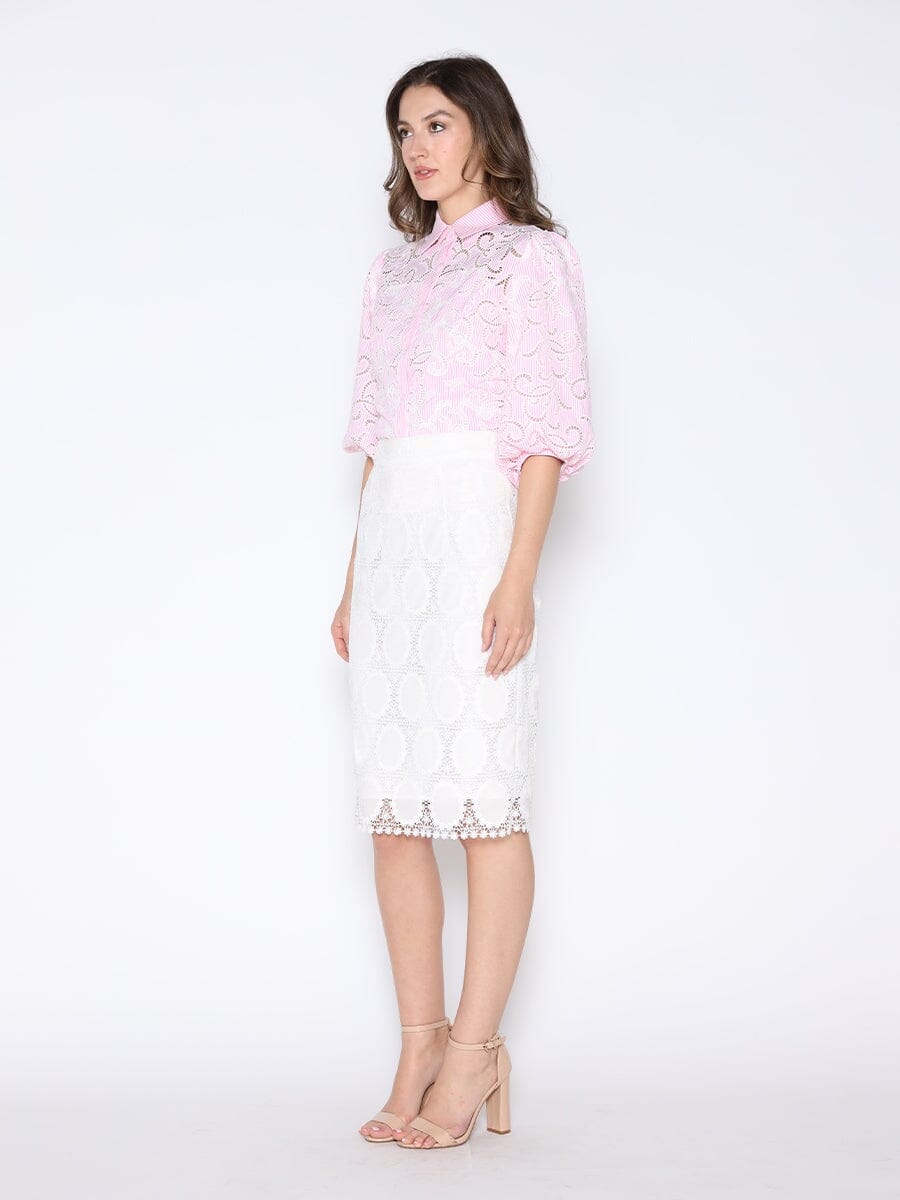 Floral Lace Puff Sleeve Striped Shirt TOP Gracia Fashion 