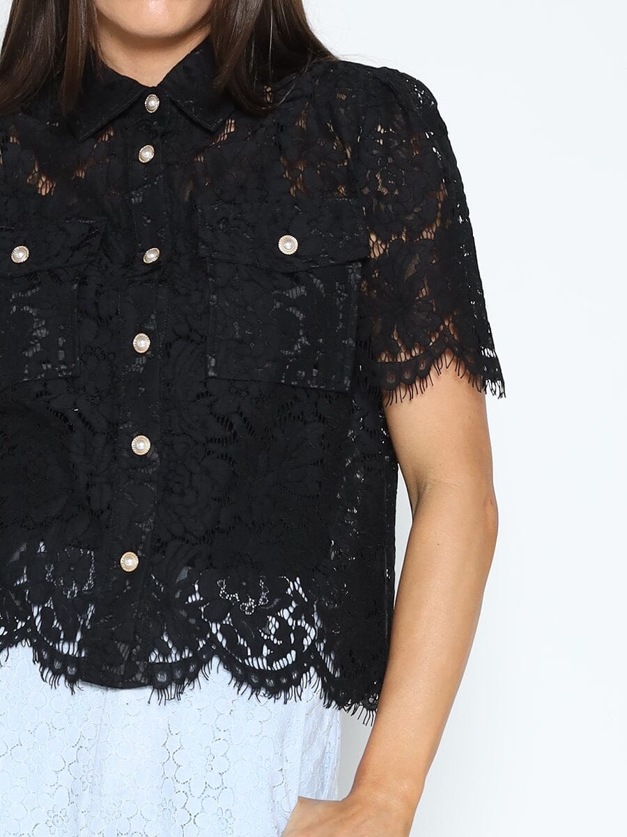 Floral Lace Short Sleeve Button Down Shirt TOP Gracia Fashion 