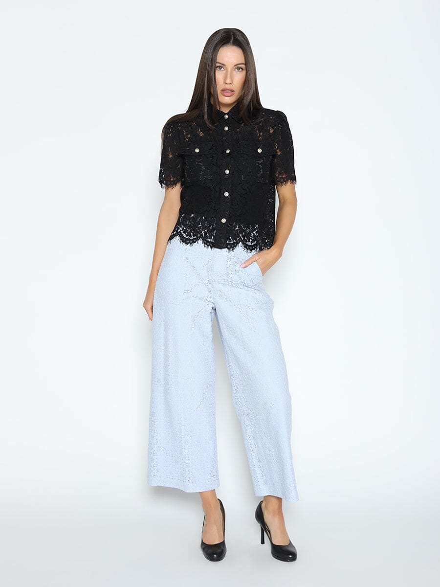 Floral Lace Short Sleeve Button Down Shirt TOP Gracia Fashion 