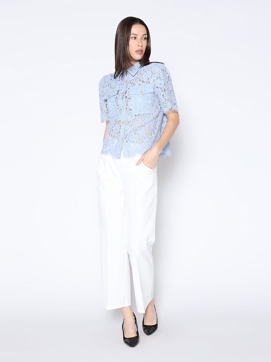 Floral Lace Short Sleeve Button Down Shirt TOP Gracia Fashion L/BLUE S 