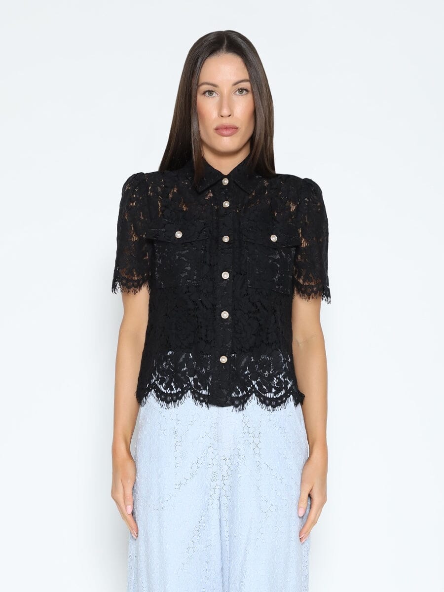 Floral Lace Short Sleeve Button Down Shirt TOP Gracia Fashion BLACK S 