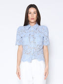 Floral Lace Short Sleeve Button Down Shirt TOP Gracia Fashion L/BLUE S 