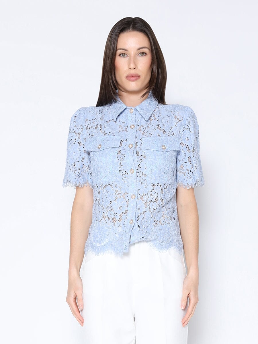 Floral Lace Short Sleeve Button Down Shirt TOP Gracia Fashion L/BLUE S 