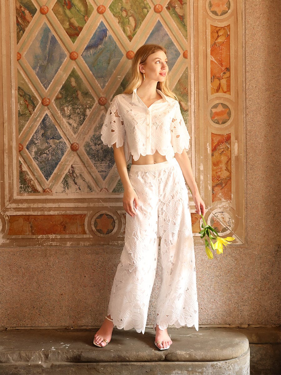 Floral lace wide leg pant PANTS Gracia Fashion WHITE S 