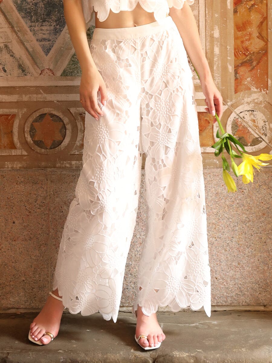 Floral lace wide leg pant PANTS Gracia Fashion WHITE S 