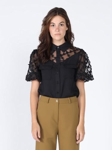 Floral mesh sleeve top TOP Gracia Fashion BLACK S 