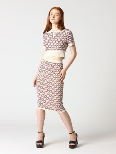 Floral Pattern Knit Bodycon Midi Skirt SET Gracia Fashion BEIGE S 