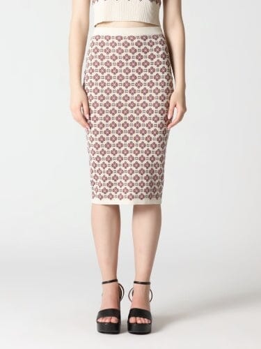 Floral Pattern Knit Bodycon Midi Skirt SET Gracia Fashion BEIGE S 