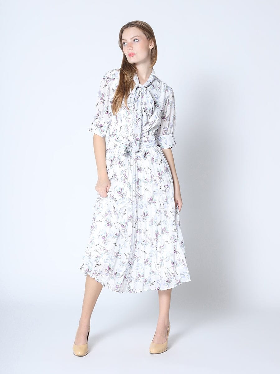 Floral Pleated Bow Neck Midi Dress DRESS Gracia Fashion WHITE S 