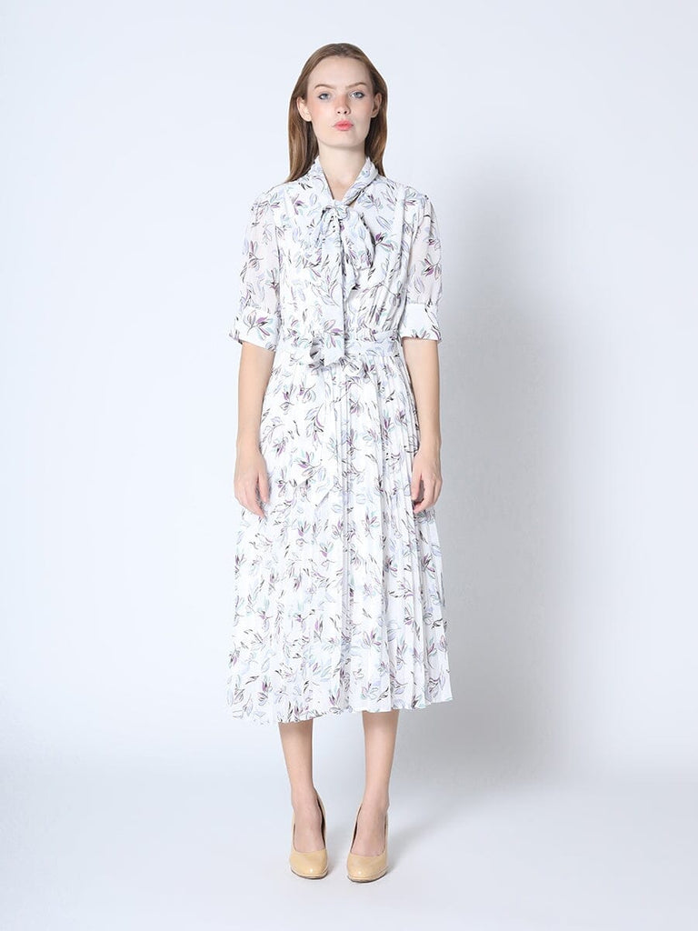 Floral Pleated Bow Neck Midi Dress Gracia Fashion