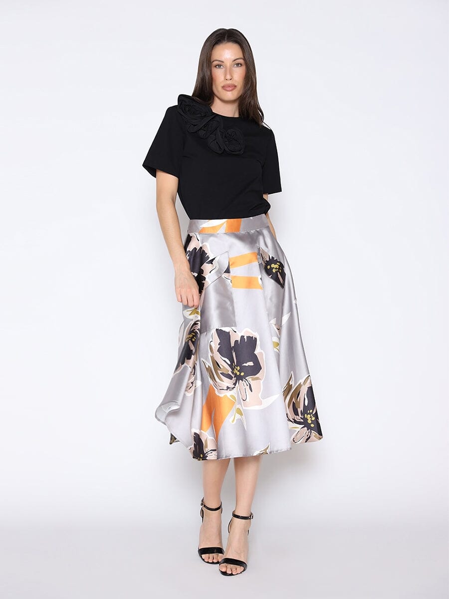 Floral Print A-Line Midi Skirt SKIRT Gracia Fashion TAUPE S 